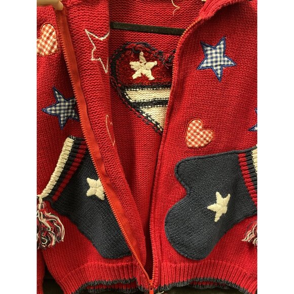 Marsh Landing Zip Front Cardigan Sweater Large Red White Blue Mitten Star USA - Picture 7 of 15